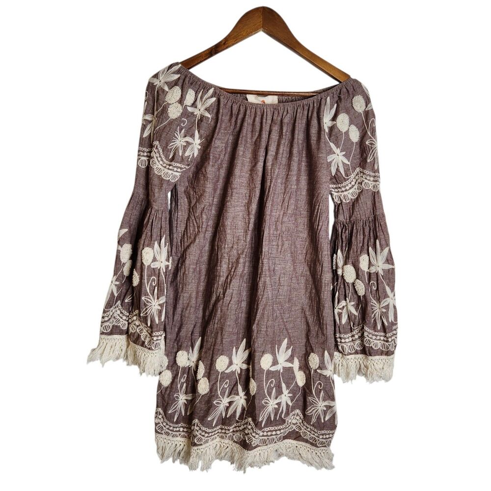 Boho Jane Brown Embroidered Fringe Tunic Mini Dress Festival Bell Sleeve Size M